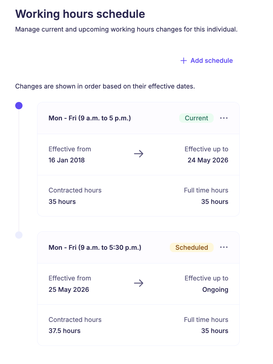Sense HR working hours timeline showing current and future working hours changes with an effective date.