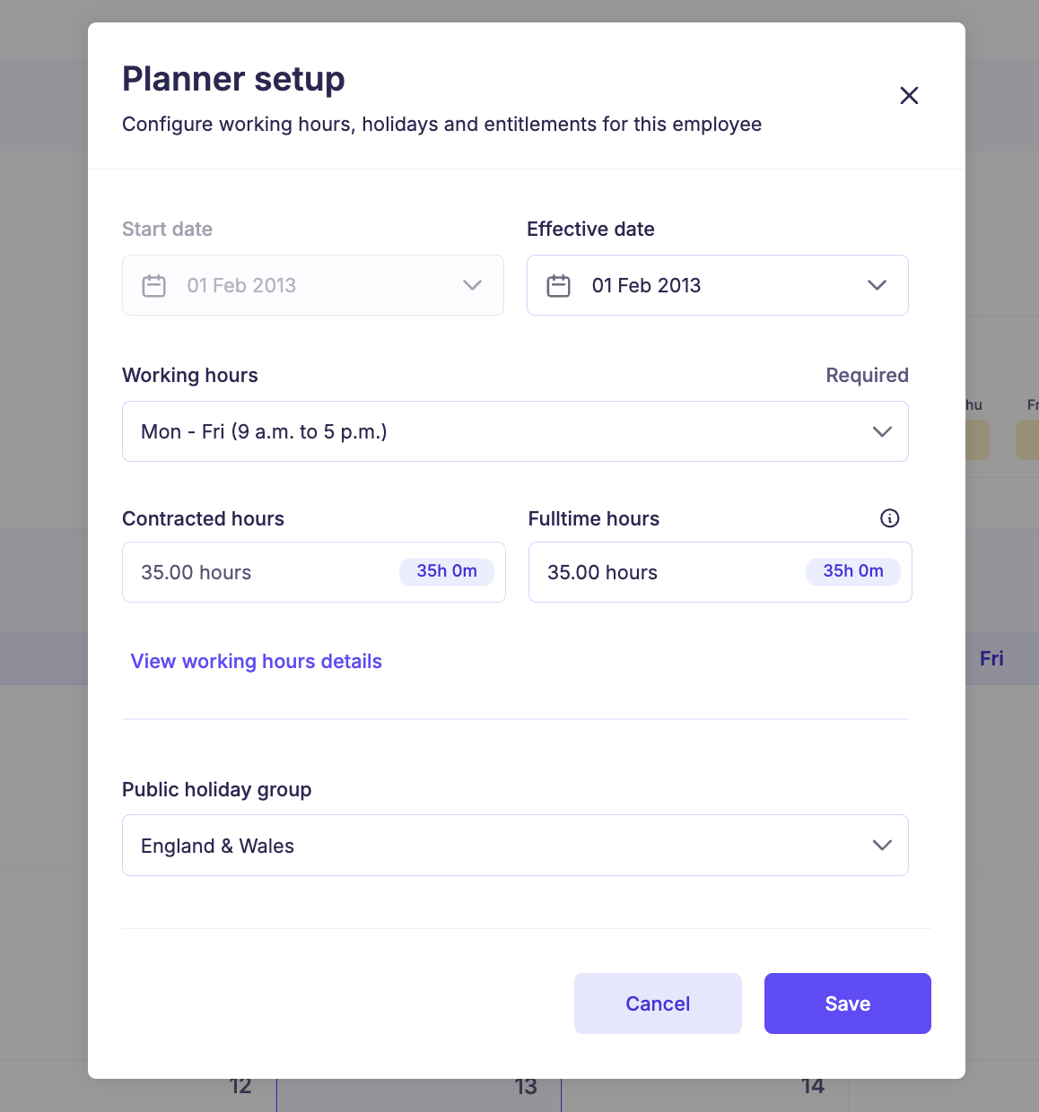 Sense HR planner settings screen showing pre-filled planner details and calculated holiday entitlement.