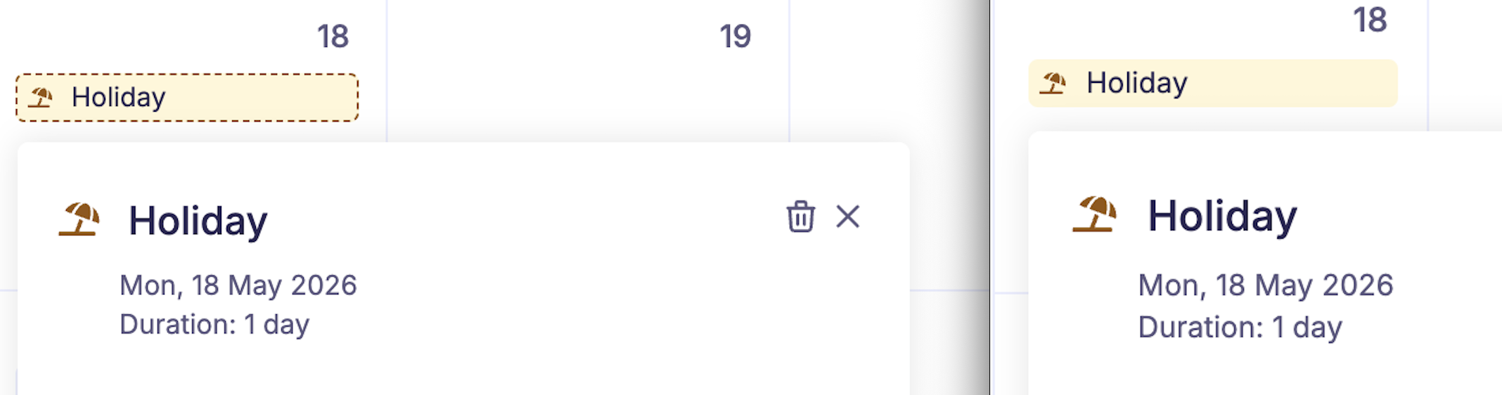 Sense HR planner showing a pending event approval highlighted clearly in the calendar view.