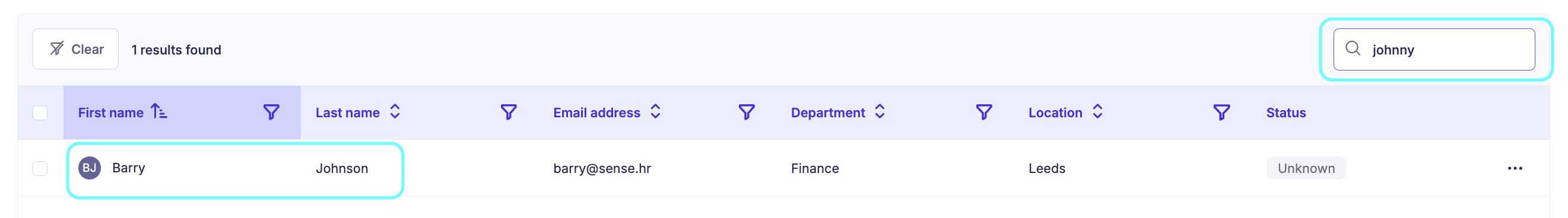 Sense HR people search results showing an employee found by their Known As name.