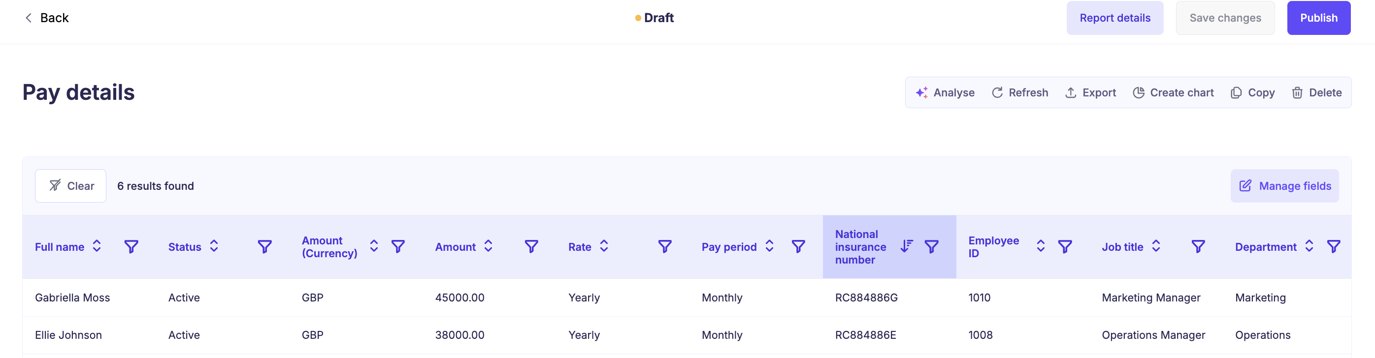 Sense HR reporting screen showing new UI.