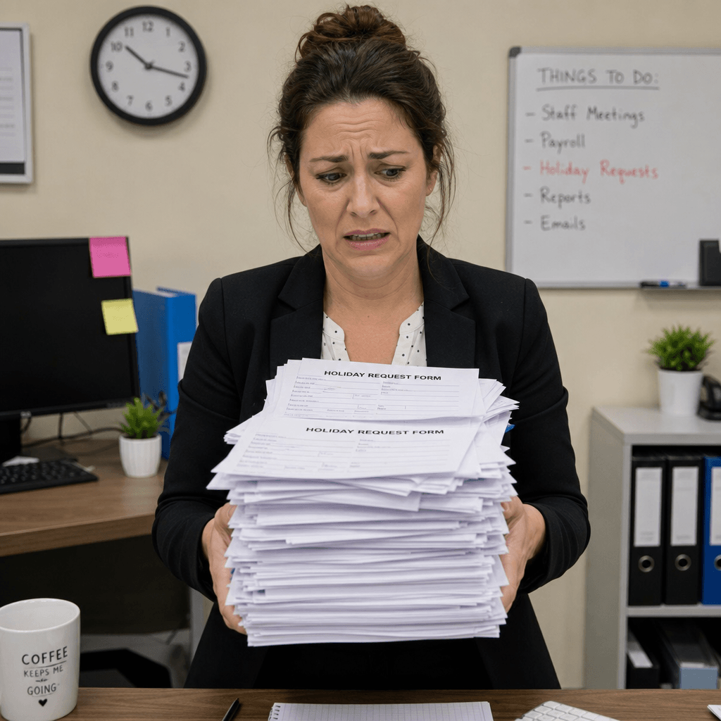 Office manager looking stressed while holding a pile of paper holiday request forms