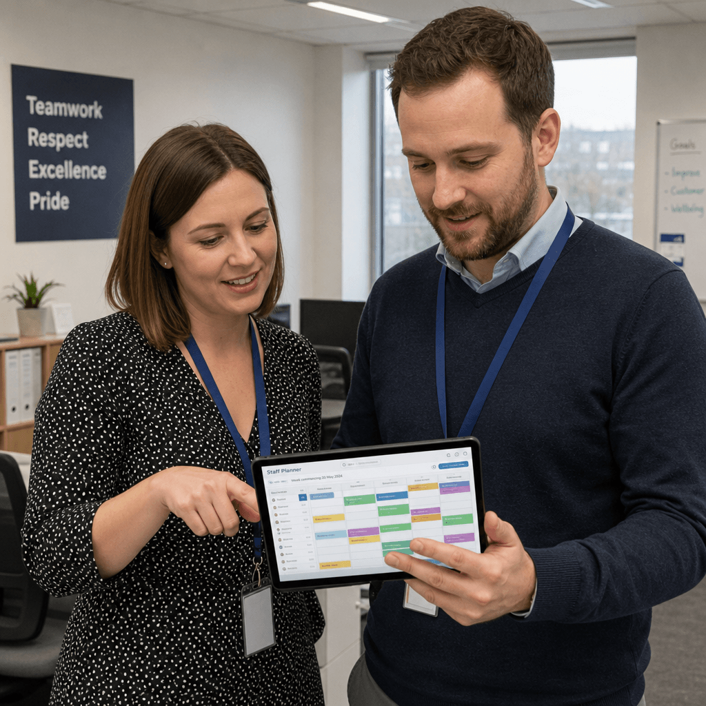 Colleagues reviewing a cloud-based staff planner on a digital tablet in a modern UK office